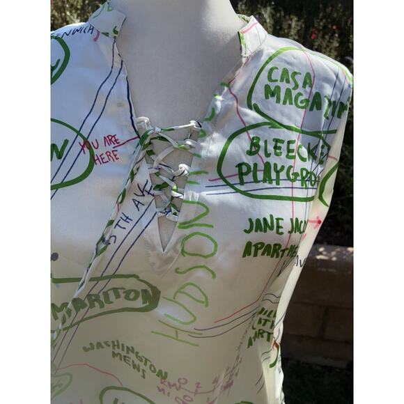 Lingua Franca Blouse S Hudson Graphic Silk Peasant Top New White Green - Picture 4 of 14